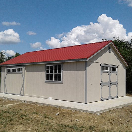 shed with red roof