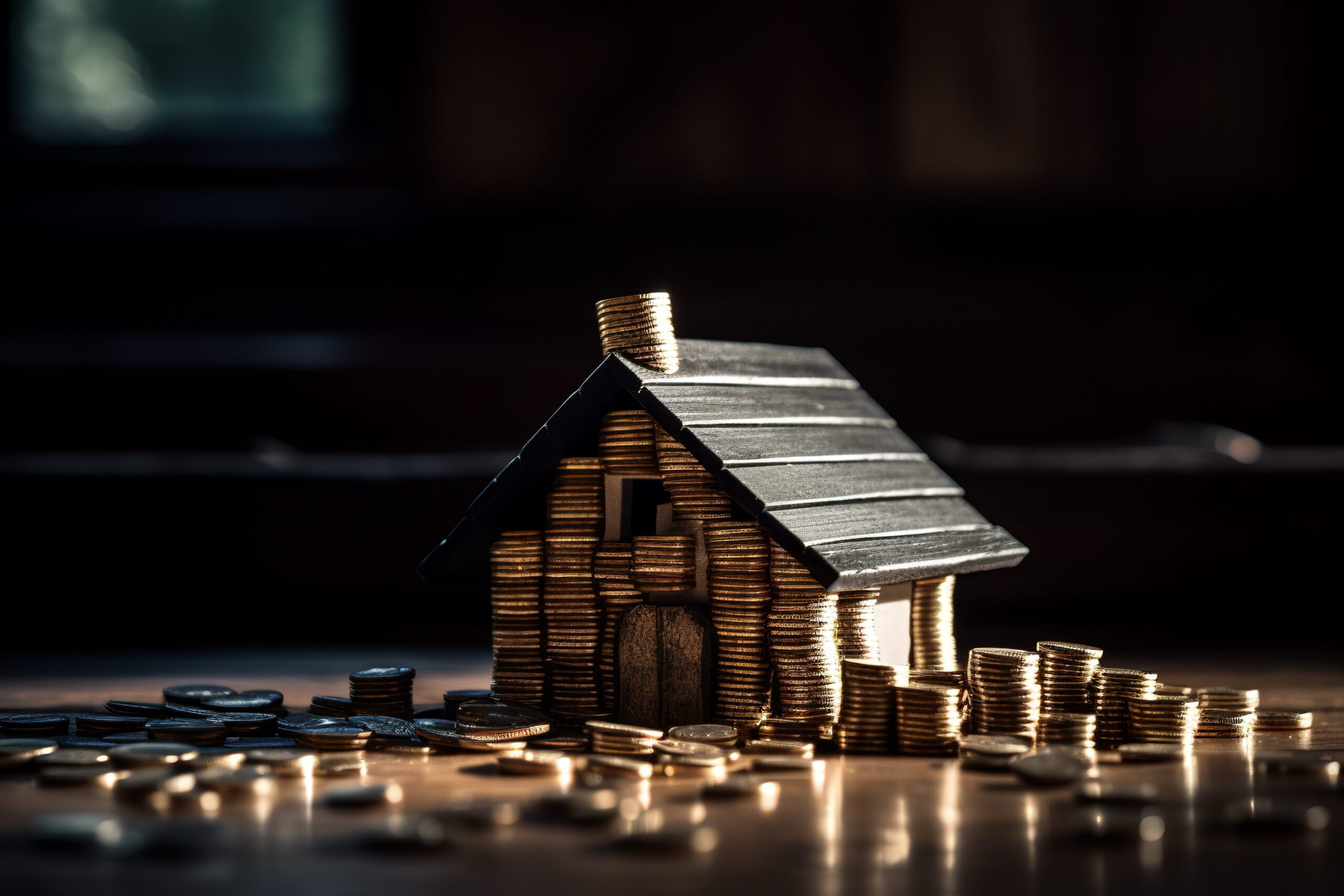 A metallic model house on a table made from gold and silver coins against a dark background.