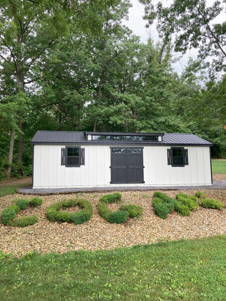 black and white shed