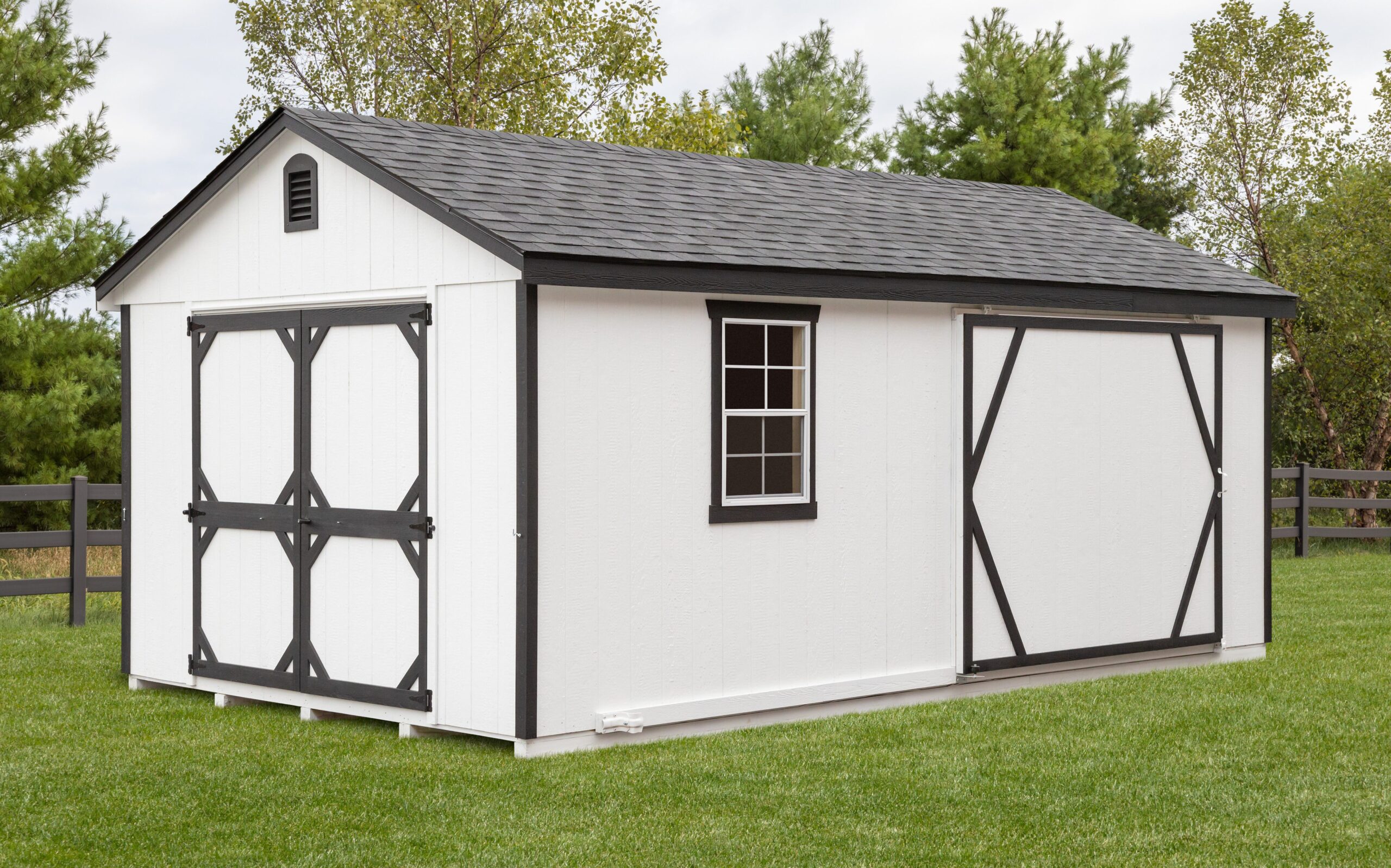 white shed shed with brown accent