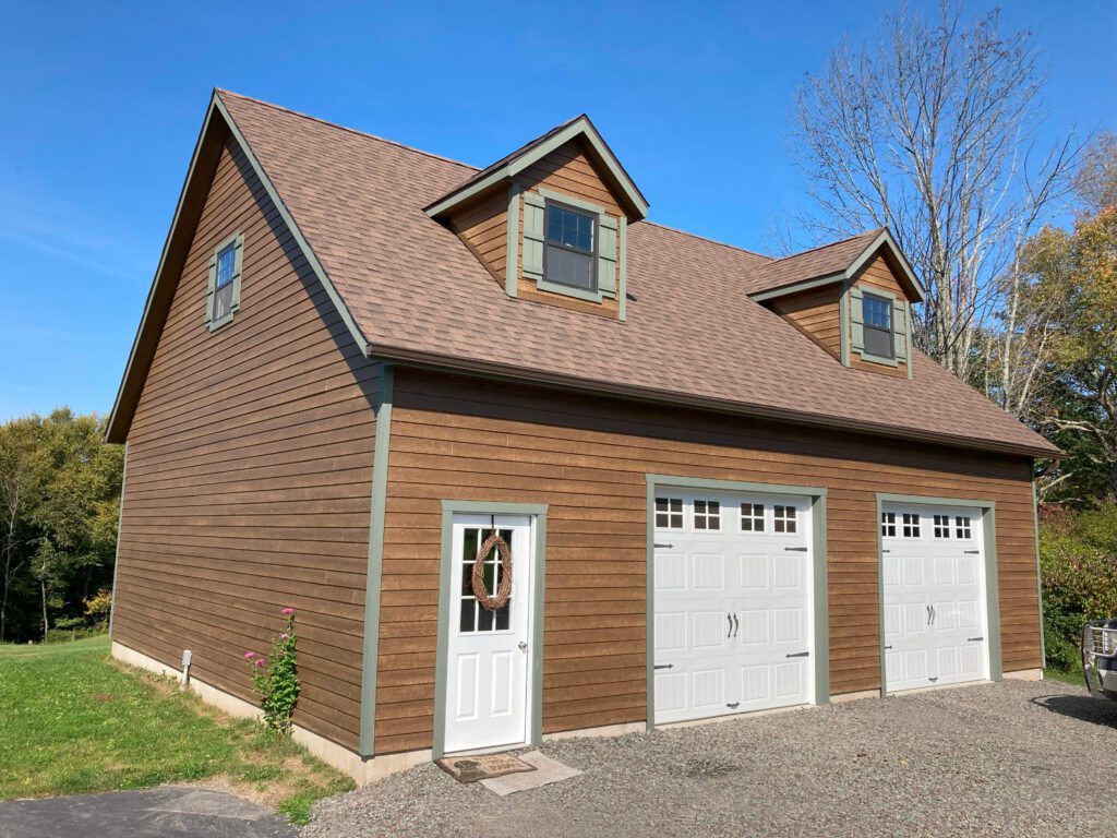 a brown 2-car, 2-story garage